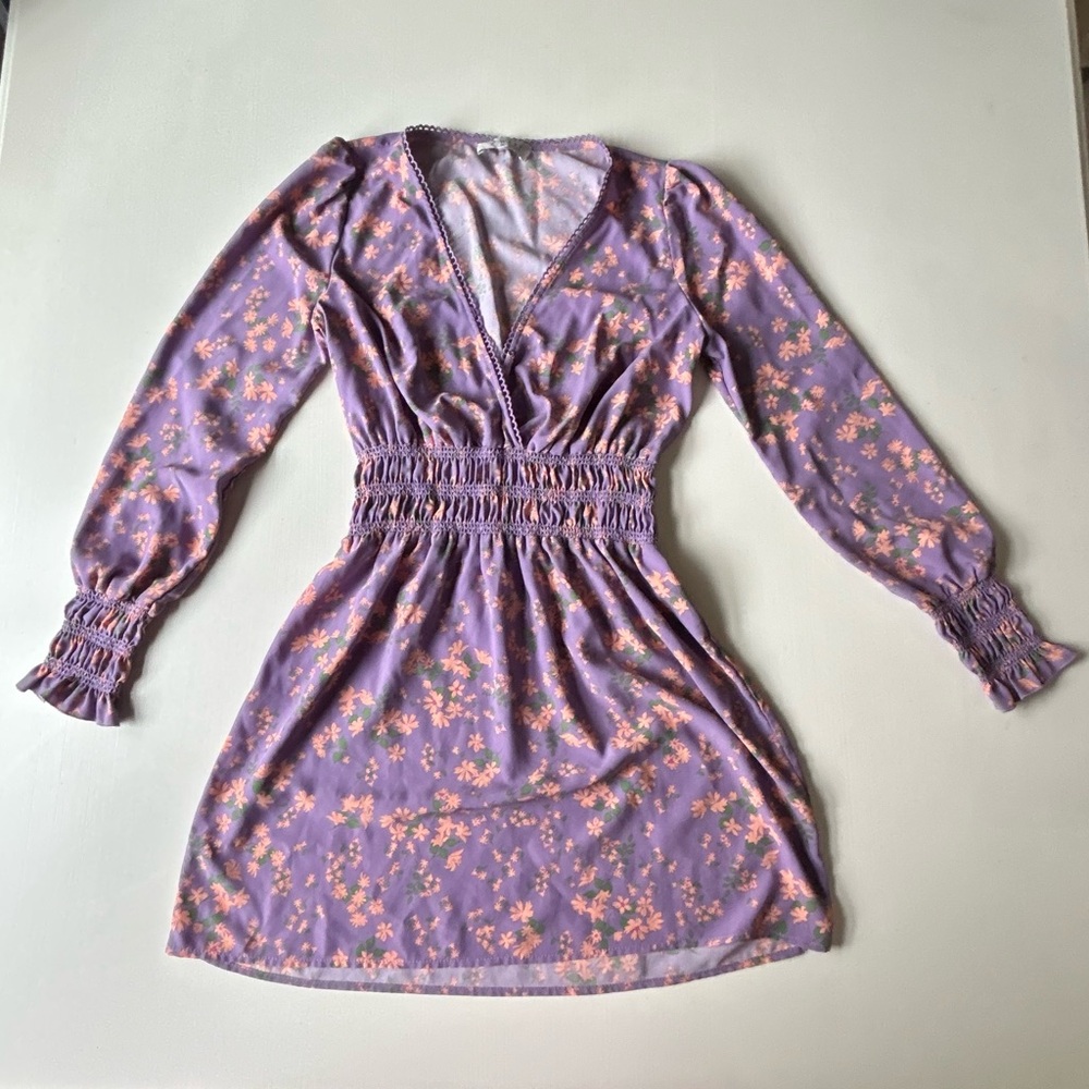 Wayf: Delancy Smocked Waist Lavender Floral Print Boho Mini Dress XS - Picture 1 of 8